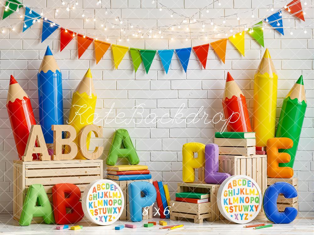 Kate Back To School Giant Colorful Pencils Alphabet Crates Printed Backdrop Designed by Emetselch