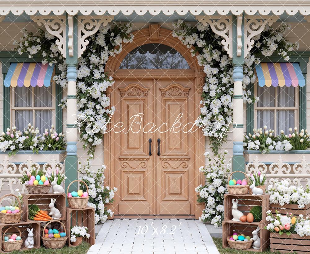 Kate Easter Bunny Eggs Floral Porch Printed Backdrop Designed by Mini MakeBelieve