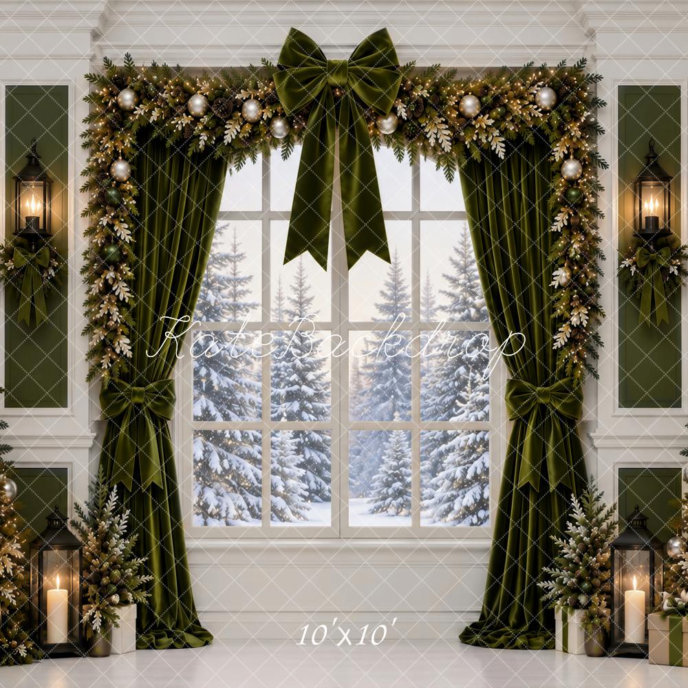 Kate Christmas Arched Window Green Garland Snowy Forest Printed Backdrop Designed by Ashley Paul
