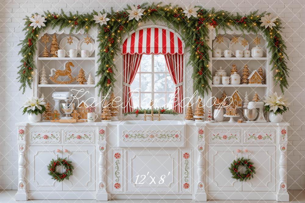 Kate Christmas Kitchen Gingerbread Garland Window Red Striped Printed Backdrop Designed by Mini MakeBelieve