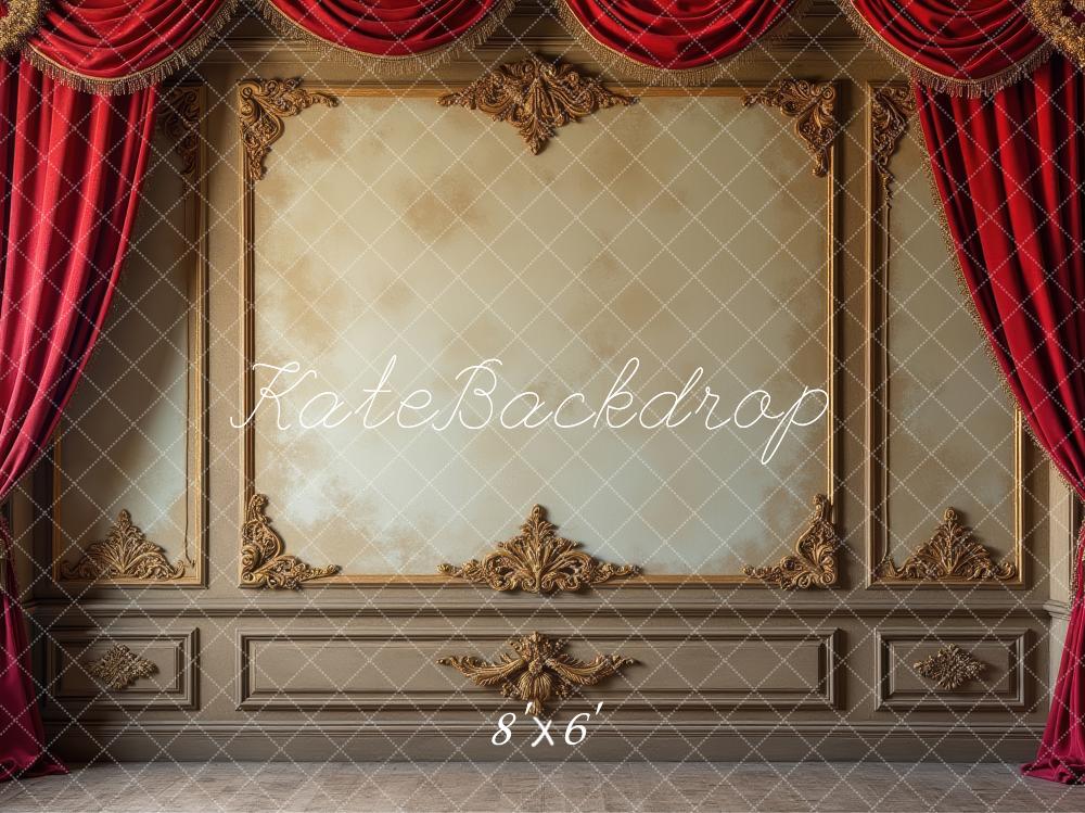 Kate Vintage Wall Red Curtains Gold Ornaments Printed Backdrop Designed by Laura Bybee