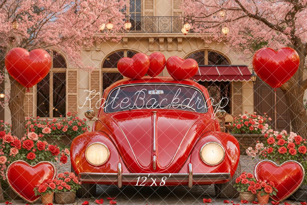 Kate Valentine's Day Red Car Heart Balloons Pink Flowers Backdrop Designed by Emetselch