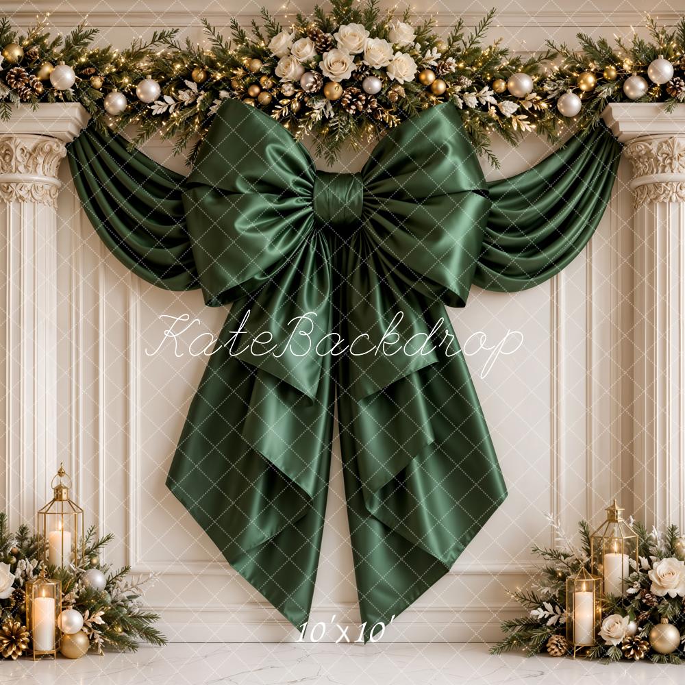 Kate Christmas Green Bow Garland Vintage Columns Printed Backdrop Designed by Emetselch