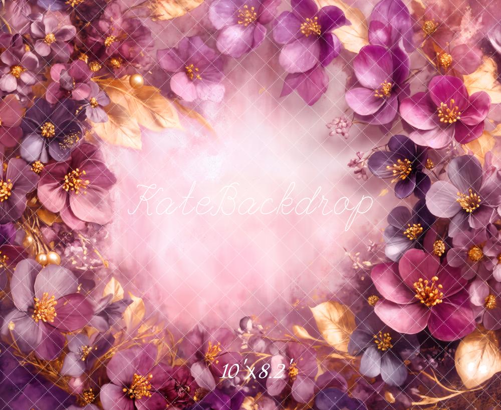Kate Fine Art Purple Floral Gold Leaves Backdrop Designed by Emetselch