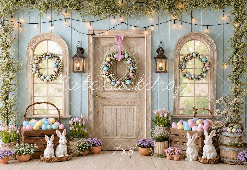 Kate Easter Bunny Blue Egg Wreath Door Greenery Printed Backdrop Designed by Emetselch