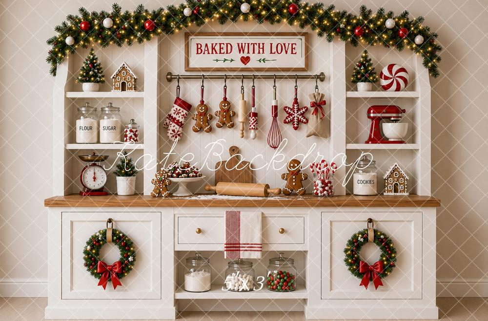 Kate Christmas Baking White Kitchen Cabinet Printed Backdrop Designed by Caitlin Lynch
