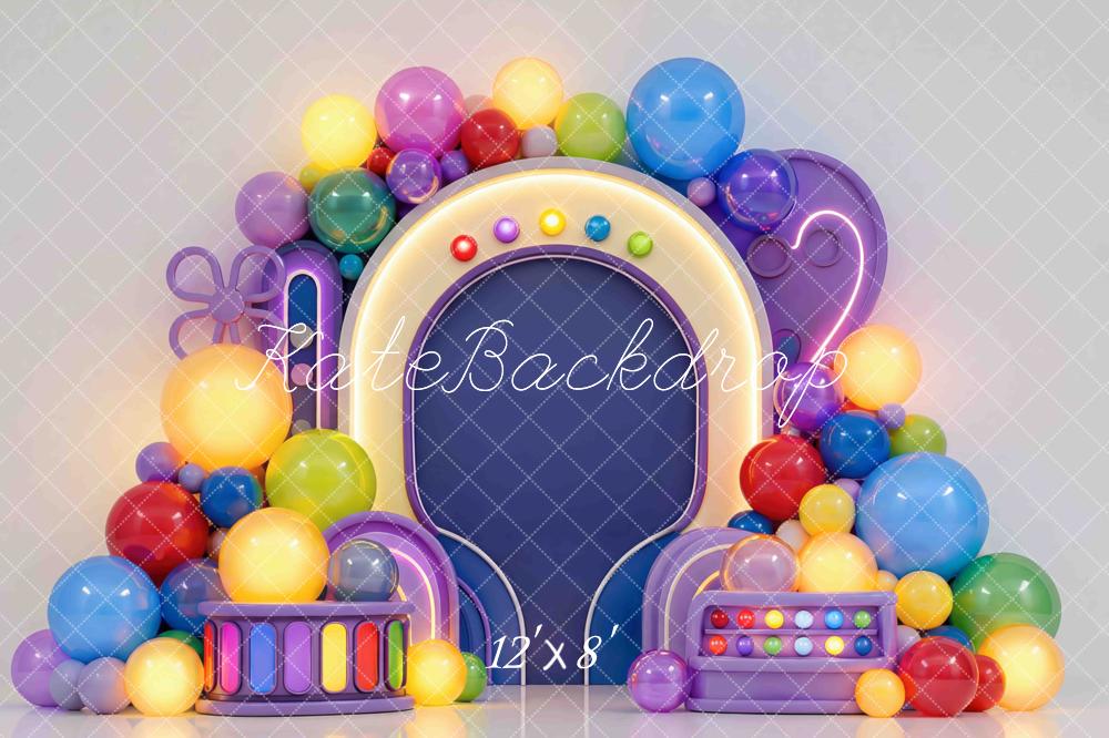 Kate Cake Smash Colorful Balloon Arch Round Frame Printed Backdrop Designed by Mini MakeBelieve