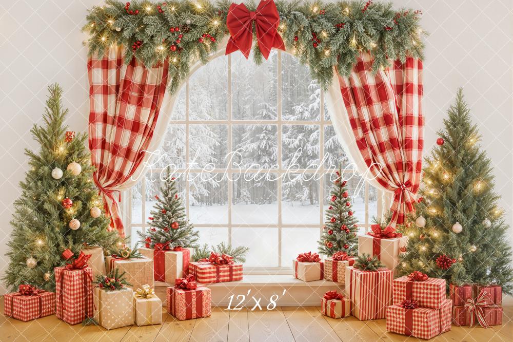 Kate Christmas Red Plaid Curtains Window Pine Trees Gift Boxes Backdrop Designed by Emetselch