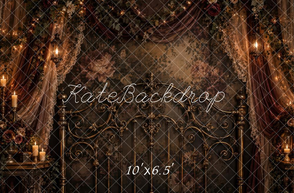 Kate Vintage Brown Gothic Headboard Floral Drapes Printed Backdrop Designed by Laura Bybee