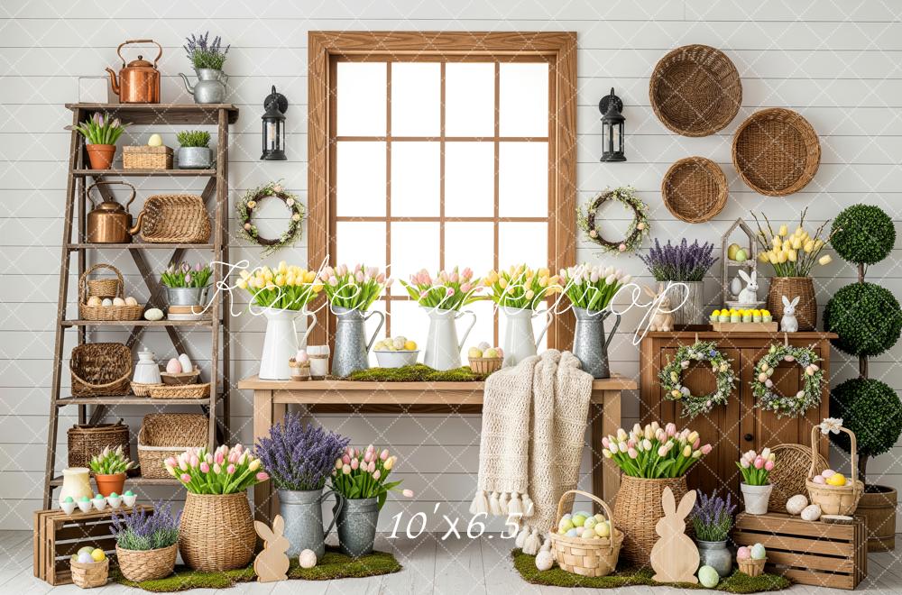Kate Easter Bunny Flowers Tulips Baskets Pastel Eggs Printed Backdrop Designed by Patty Roberts