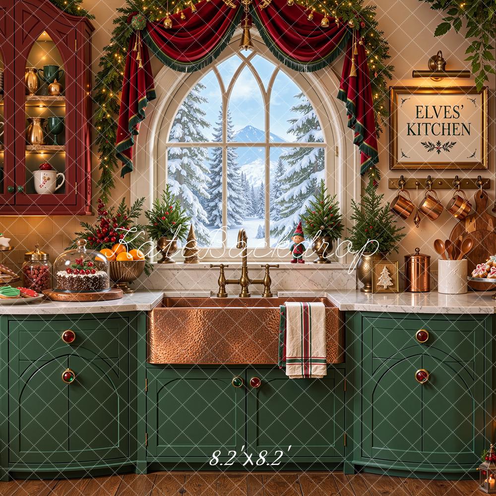 Kate Christmas Kitchen North Pole Elf Arched Window Garland Green Printed Backdrop Designed by Shutter Swan Studios