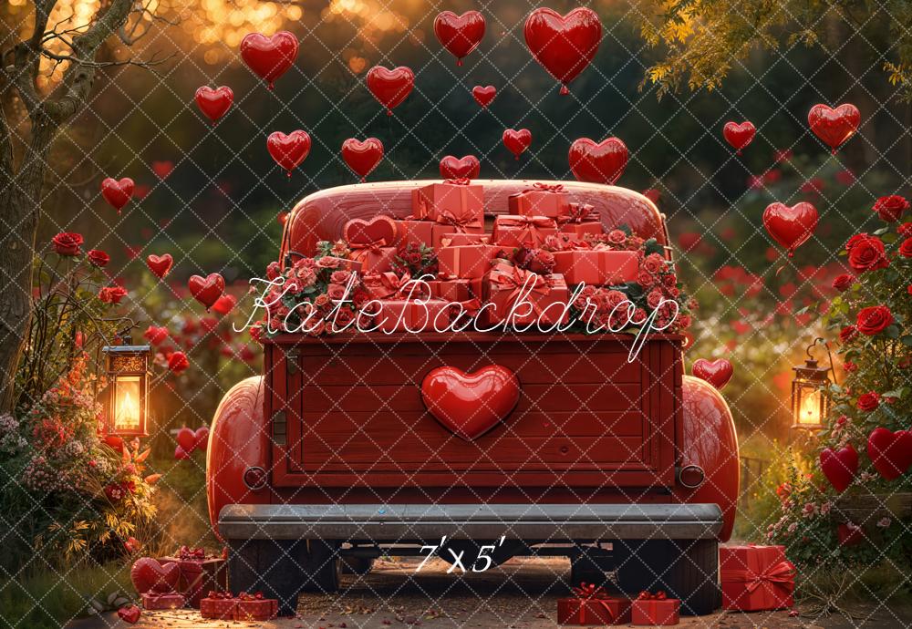 Kate Valentine's Day Red Truck Hearts Balloons Roses Gift Boxes Backdrop Designed by Emetselch
