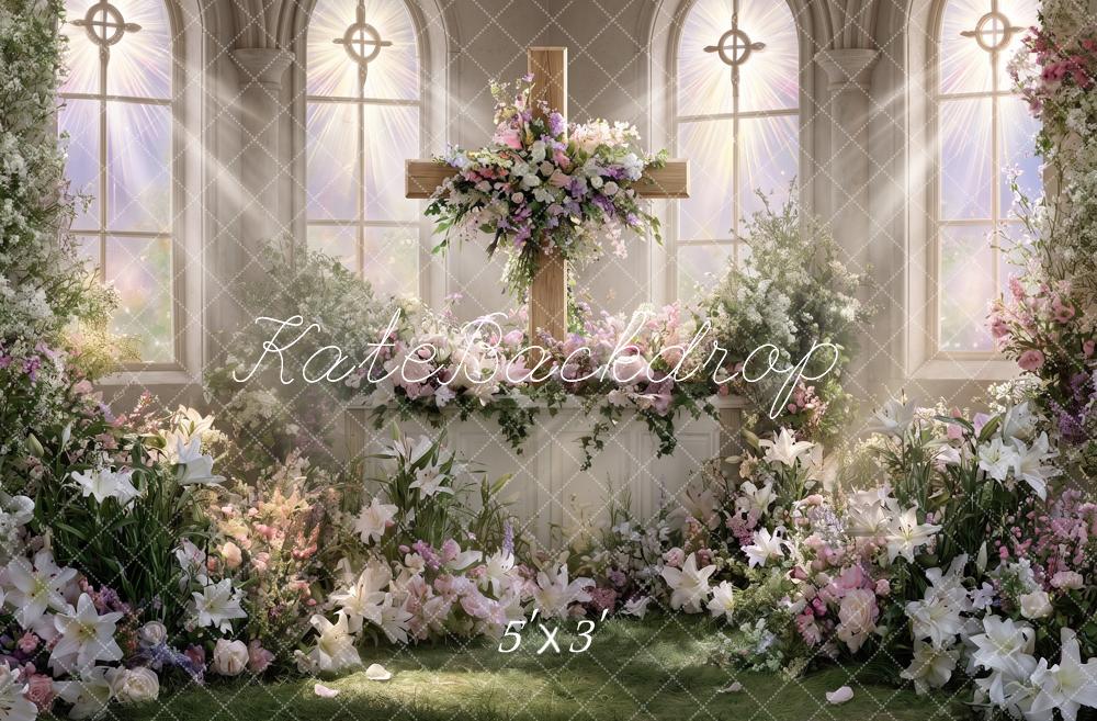 Kate Church Stage Cross Wedding Floral Window Printed Backdrop Designed by Angela Miller