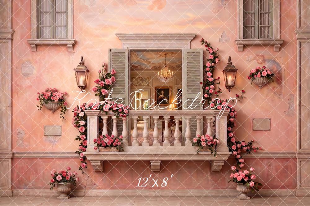 Kate Romantic Pink Balcony Roses French Villa Printed Backdrop Designed by Patty Roberts