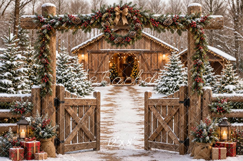 Kate Christmas Garland Rustic Gate Snowy Cabin Path Printed Backdrop Designed by Emetselch