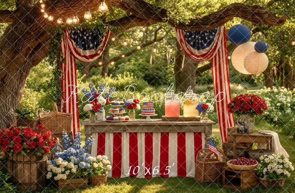 Kate Independence Day Patriotic Picnic Table Red White Blue Flowers American Flags Printed Backdrop Designed by Emetselch