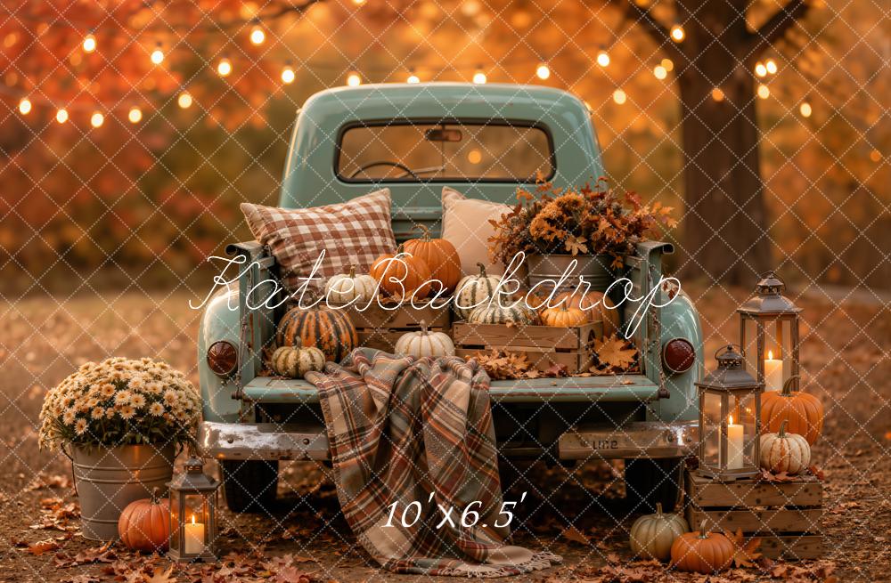 Kate Fall Vintage Truck Plaid Blanket Pumpkins Lanterns Forest Printed Backdrop Designed by Emetselch