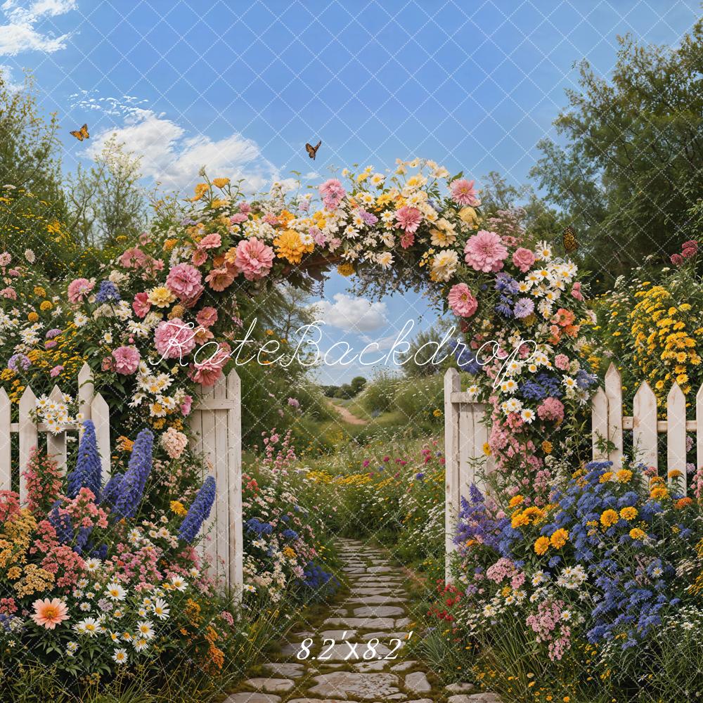 Kate Spring Flower Arch White Picket Fence Garden Pathway Printed Backdrop Designed by Emetselch