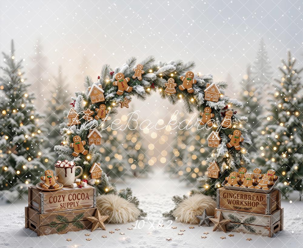 Kate Christmas Gingerbread Cookie Arch Snowy Trees Printed Backdrop Designed by Emetselch