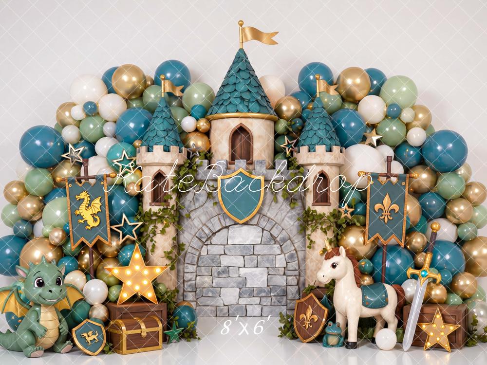 Kate Fairy Fantasy Castle Balloon Arch Dragon Unicorn Printed Backdrop Designed by Mini MakeBelieve