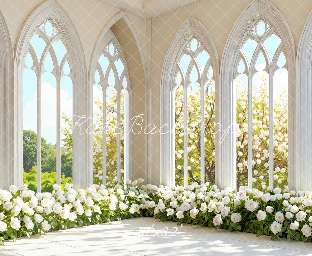 Kate Spring White Roses Gothic Arched Windows Backdrop Designed by Mini MakeBelieve
