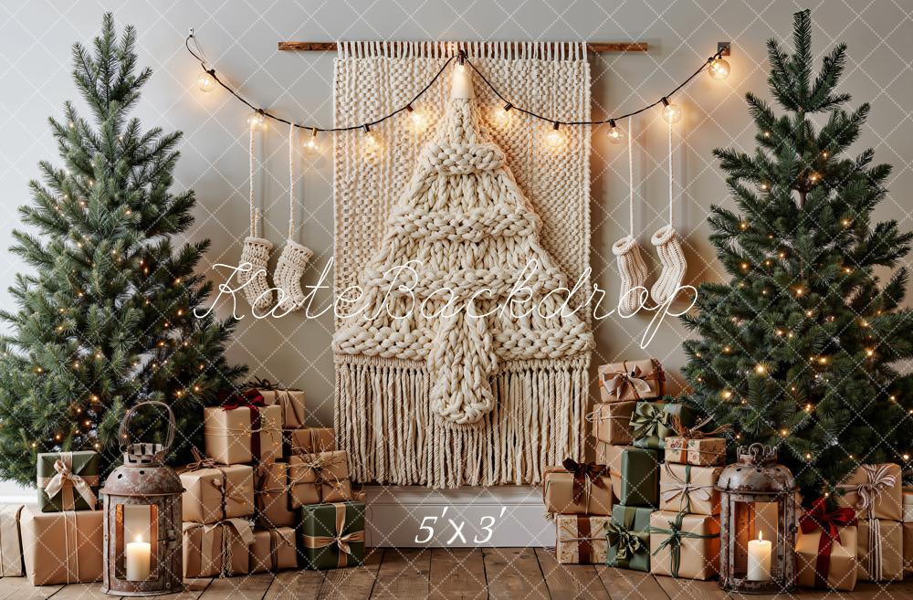 Kate Christmas Boho Macrame Tree Gift Boxes Lanterns Printed Backdrop Designed by Emetselch