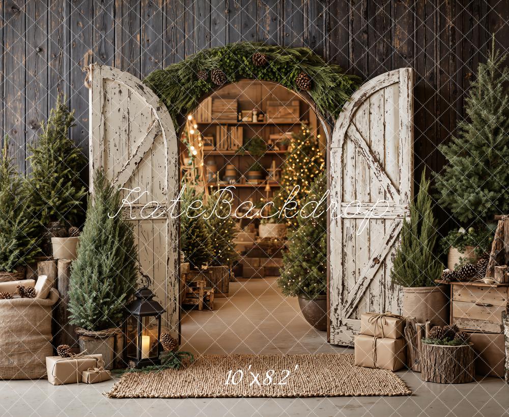 Kate Christmas Rustic Wood Barn Door Archway Pine Trees Printed Backdrop Designed by Emetselch