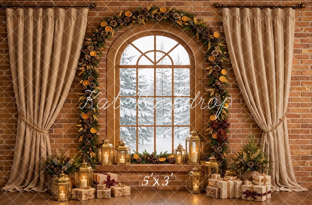 Kate Christmas Arched Window Curtains Garland Lanterns Gifts Brick Wall Printed Backdrop Designed by Emetselch