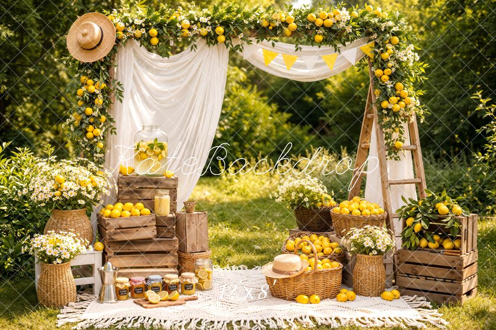 Kate Summer Lemon Flower Arch Picnic Printed Backdrop Designed by Emetselch