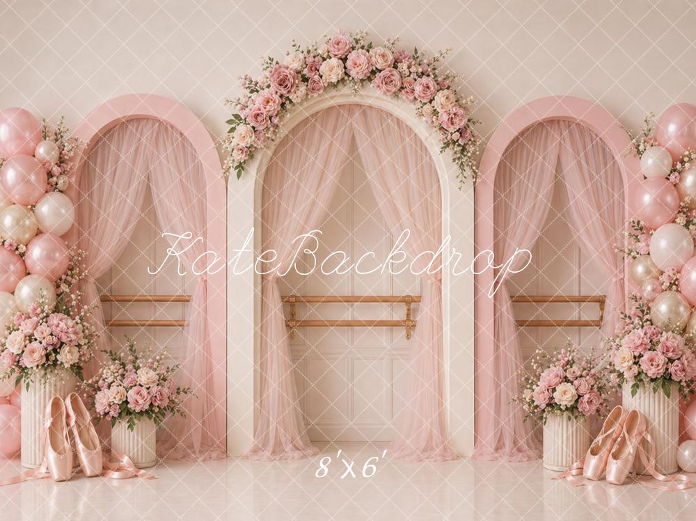 Kate Birthday Pink Ballet Studio Flower Arch Balloons Printed Backdrop Designed by Caitlin Lynch