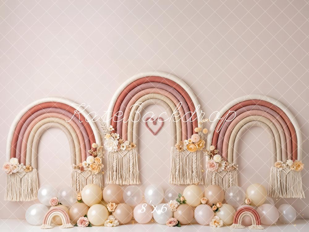 Kate Cake Smash Boho Blush Macrame Rainbow Balloons Printed Backdrop Designed by Patty Roberts