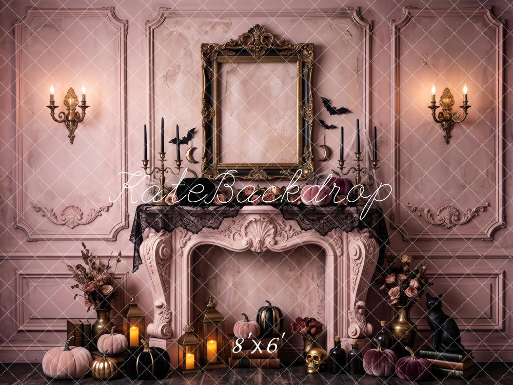 Kate Halloween Pink Gothic Fireplace Vintage Mantel Framed Printed Backdrop Designed by Patty Roberts