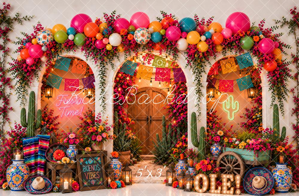 Kate Birthday Mexican Fiesta Flower Arch Cactus Balloons Papel Picado Printed Backdrop Designed by Ashley Paul