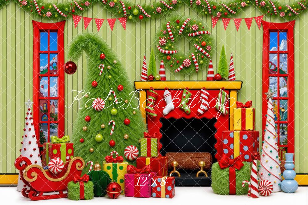 Kate Christmas Fireplace Tree Whoville Presents Candy Cane Printed Backdrop Designed by Mini MakeBelieve