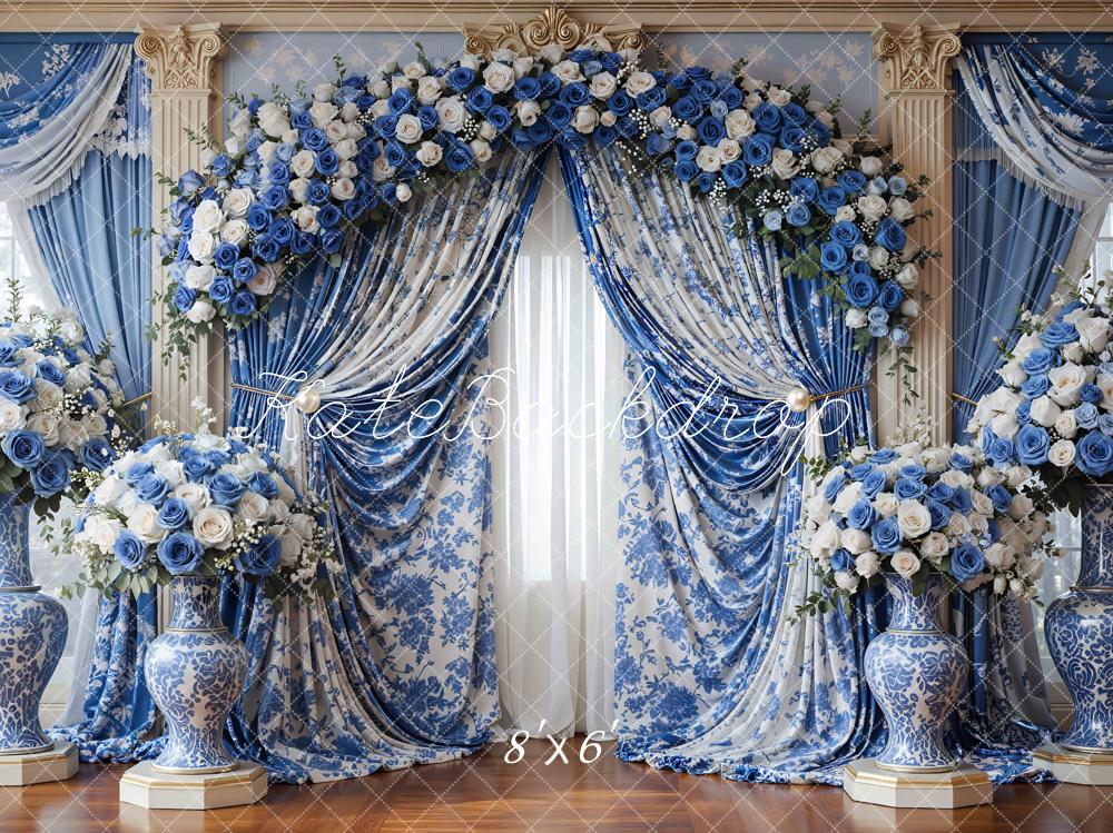 Kate Spring Blue Flower Arch with Floral Drapes and Vases Backdrop Designed by Mini MakeBelieve