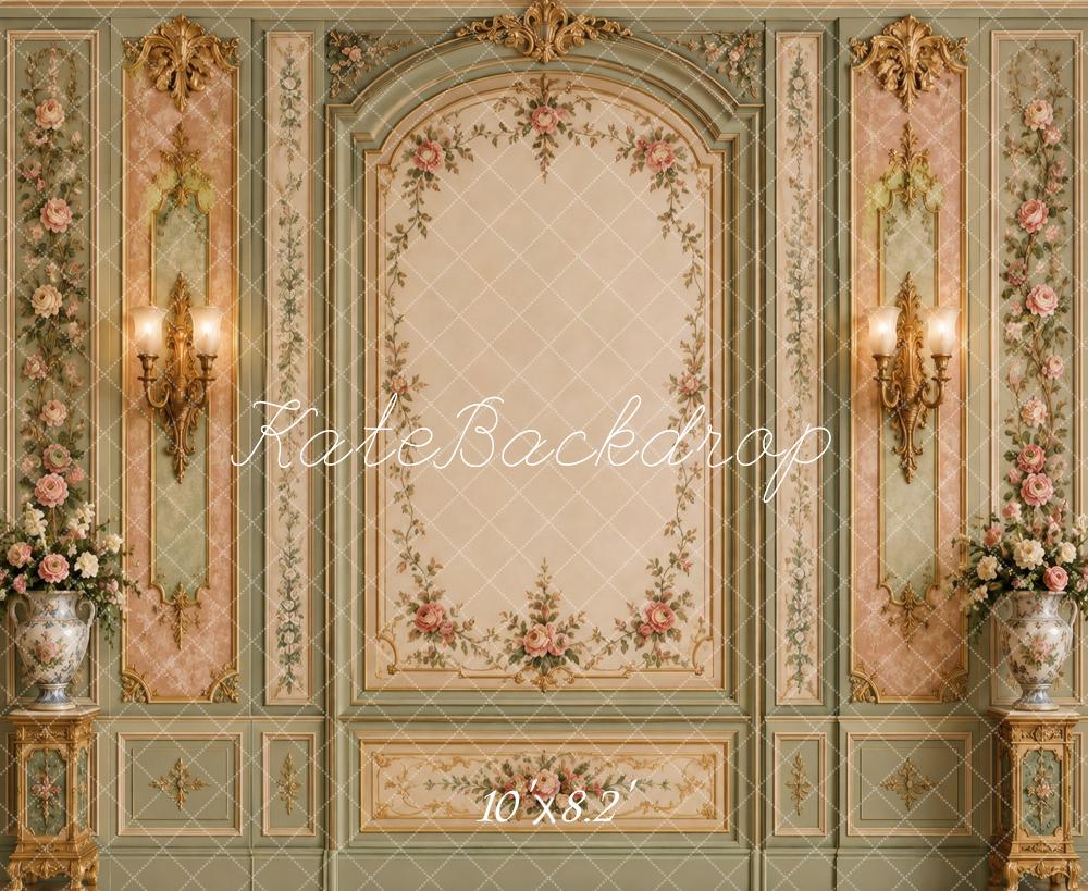 Kate Rococo Vintage Wall Floral Panels Arch Sconces Printed Backdrop Designed by Vertigo Productions