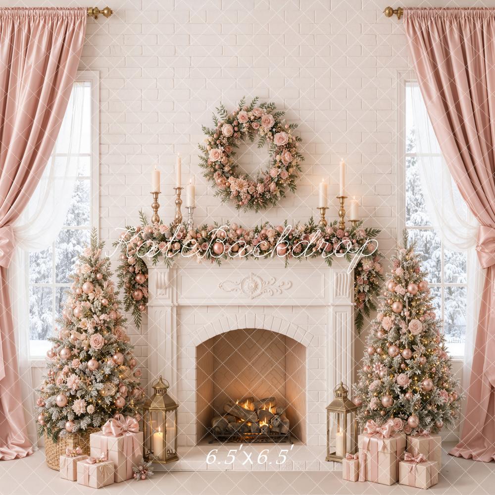Kate Christmas Tree Pink Curtains Floral Fireplace Wreath Printed Backdrop Designed by Emetselch