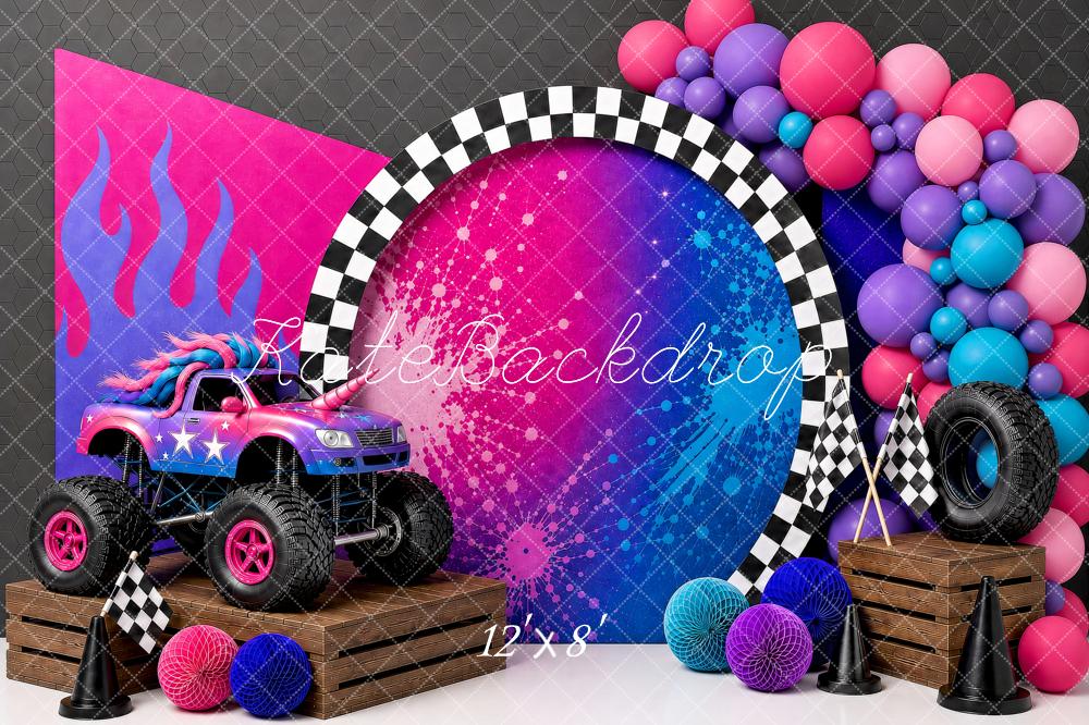 Kate Birthday Truck Racing Checkered Flags Balloons Printed Backdrop Designed by Shutter Swan Studios