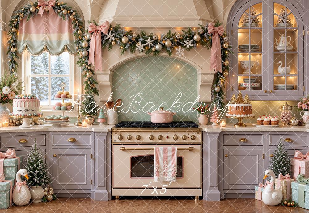Kate Christmas Pastel Kitchen Garland Stove Baking Purple Printed Backdrop Designed by Shutter Swan Studios