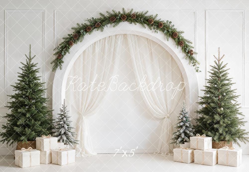 Kate Christmas Minimalist White Arched Wall Pine Tree Gift Printed Backdrop Designed by Emetselch