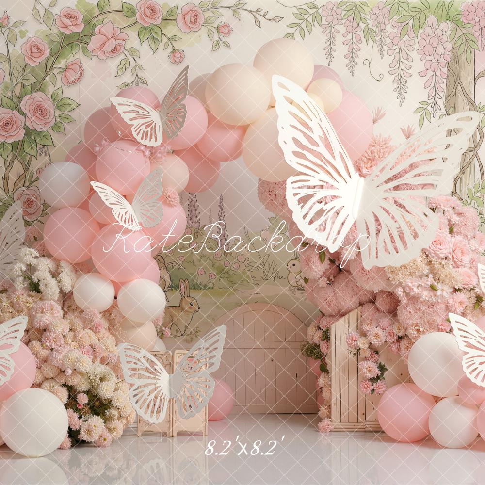Kate Cake Smash Flower Arch Pink Balloons Roses Butterflies Printed Backdrop Designed by Emetselch