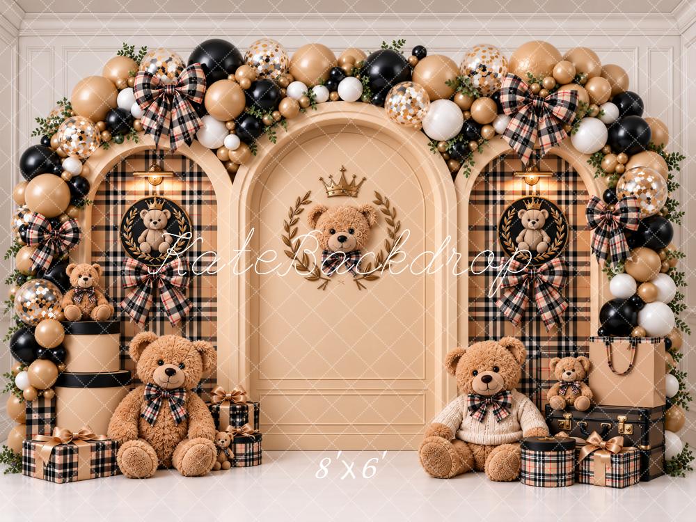 Kate Cake Smash Beige Teddy Bear Plaid Balloon Arch Printed Backdrop Designed by Ashley Paul
