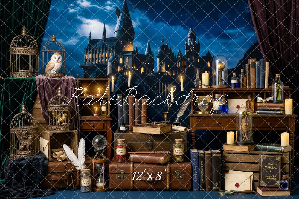 Kate Fantasy Wizard Castle Desk Owl Potion Books Night Printed Backdrop Designed by Patty Roberts