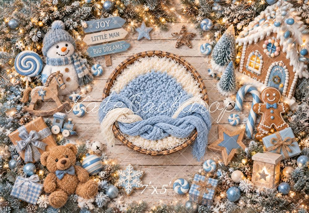 Kate Christmas Newborn Pastel Blue Baby Basket Snowman Printed Backdrop Designed by Laura Bybee