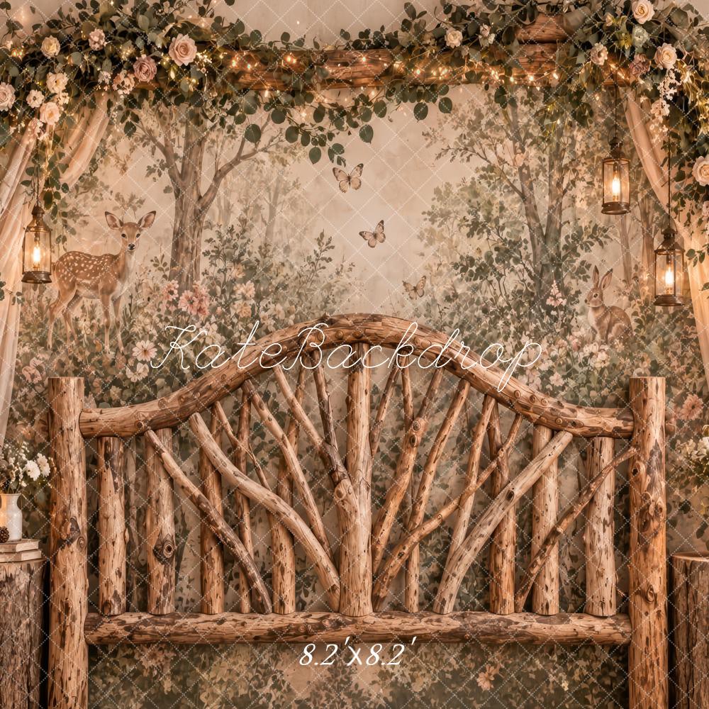 Kate Forest Headboard Rustic Brown Woodland Deer Lanterns Printed Backdrop Designed by Laura Bybee