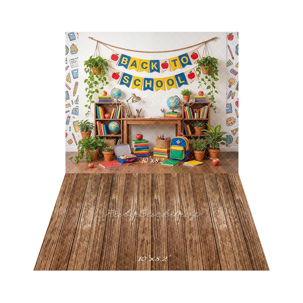 Kate Back To School Classroom Desk Books Plants Globe Backdrop+Brown Wood Plank Wall Backdrop