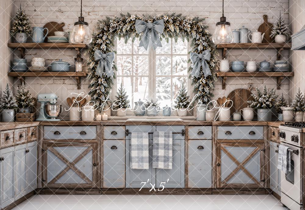 Kate Christmas Kitchen Blue Cabinet Garland Rustic Snow Printed Backdrop Designed by Ashley Paul