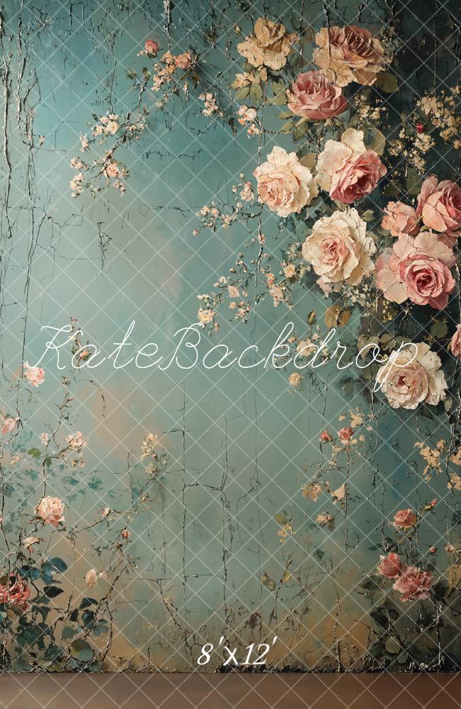 Kate Fine Art Vintage Floral Blue Printed Backdrop Designed by Emetselch