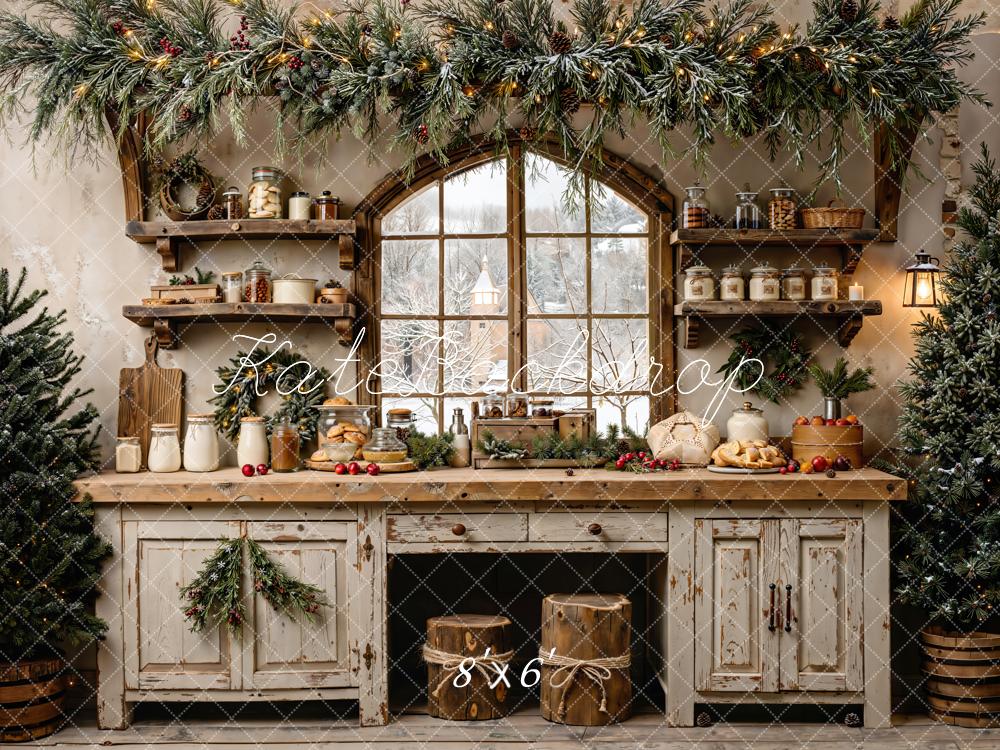 Kate Christmas Kitchen Rustic Window Garland Pine Trees Backdrop Designed by Emetselch