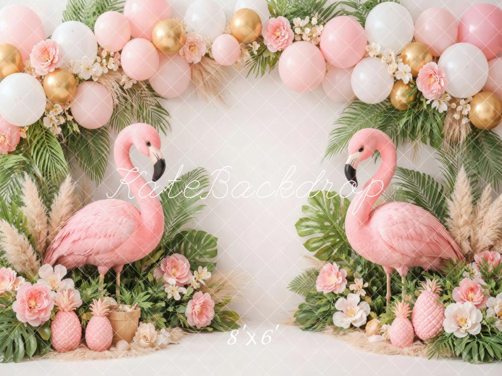 Kate Summer Flamingo Pink Balloons Tropical Greenery Pineapples Printed Backdrop Designed by Vertigo Productions